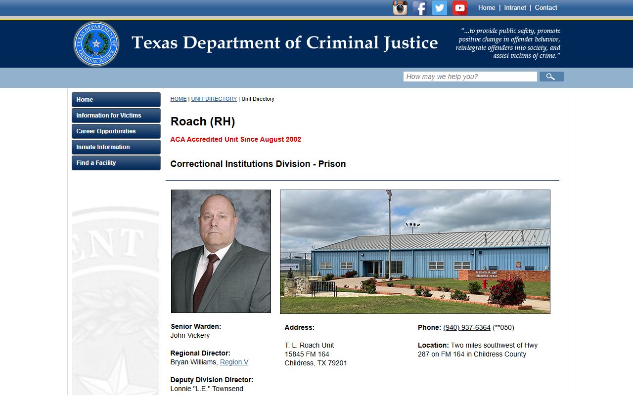 T. L. Roach Unit TDCJ facility record in Childress County