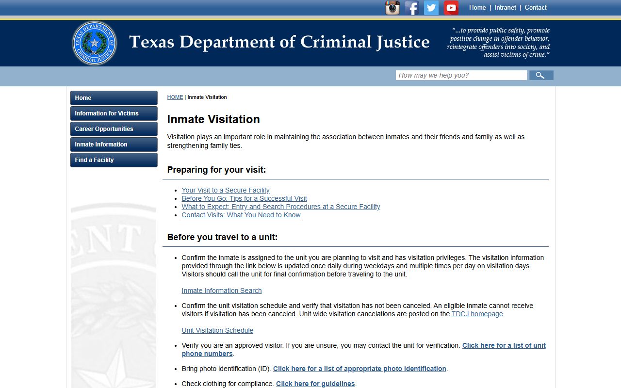 T. L. Roach Unit visitation instructions from TDCJ